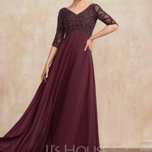 JJ's House Formal Floor-Length Chiffon Gown w/Beading (Cabernet, Size 14)